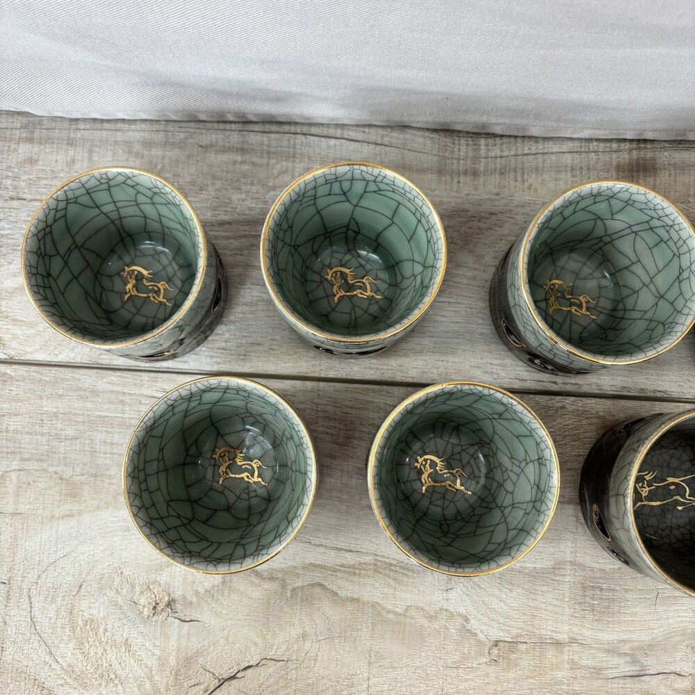 Vintage Somayaki Soma Ware Japan Double Wall Hearts Tea Cups Gold Horse Set of 7 - Picture 10 of 15